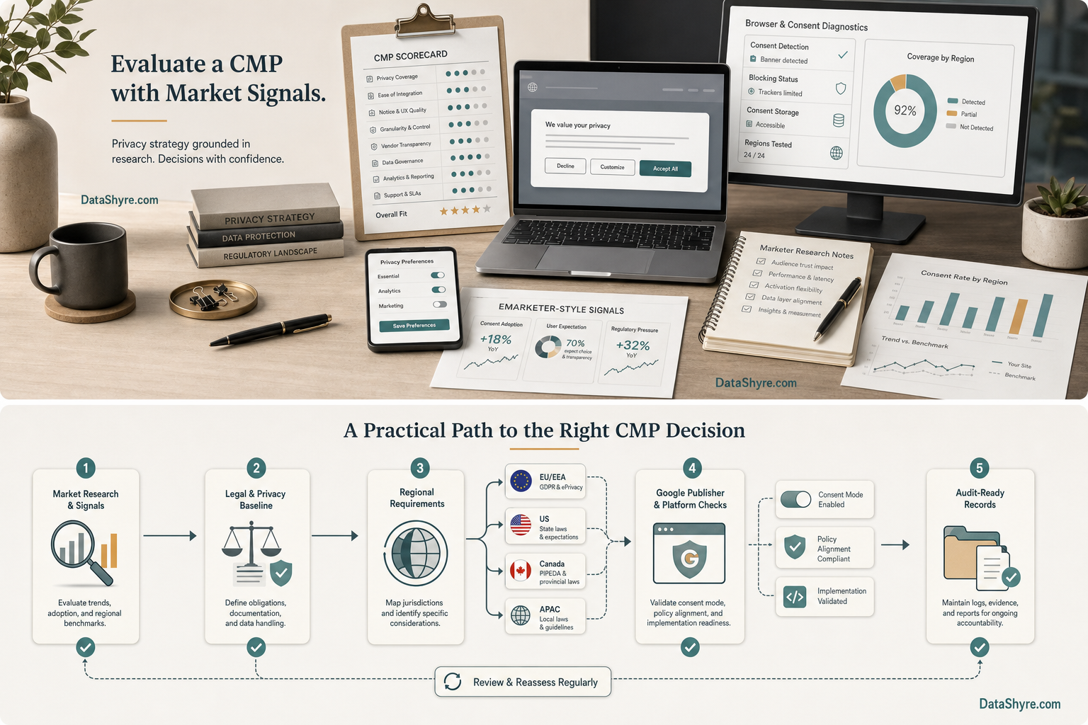 Workflow illustration showing a buyer review path from market research to legal baseline to regional branching to Google publisher checks to audit-ready consent records with subtle visible branding text DataShyre.com