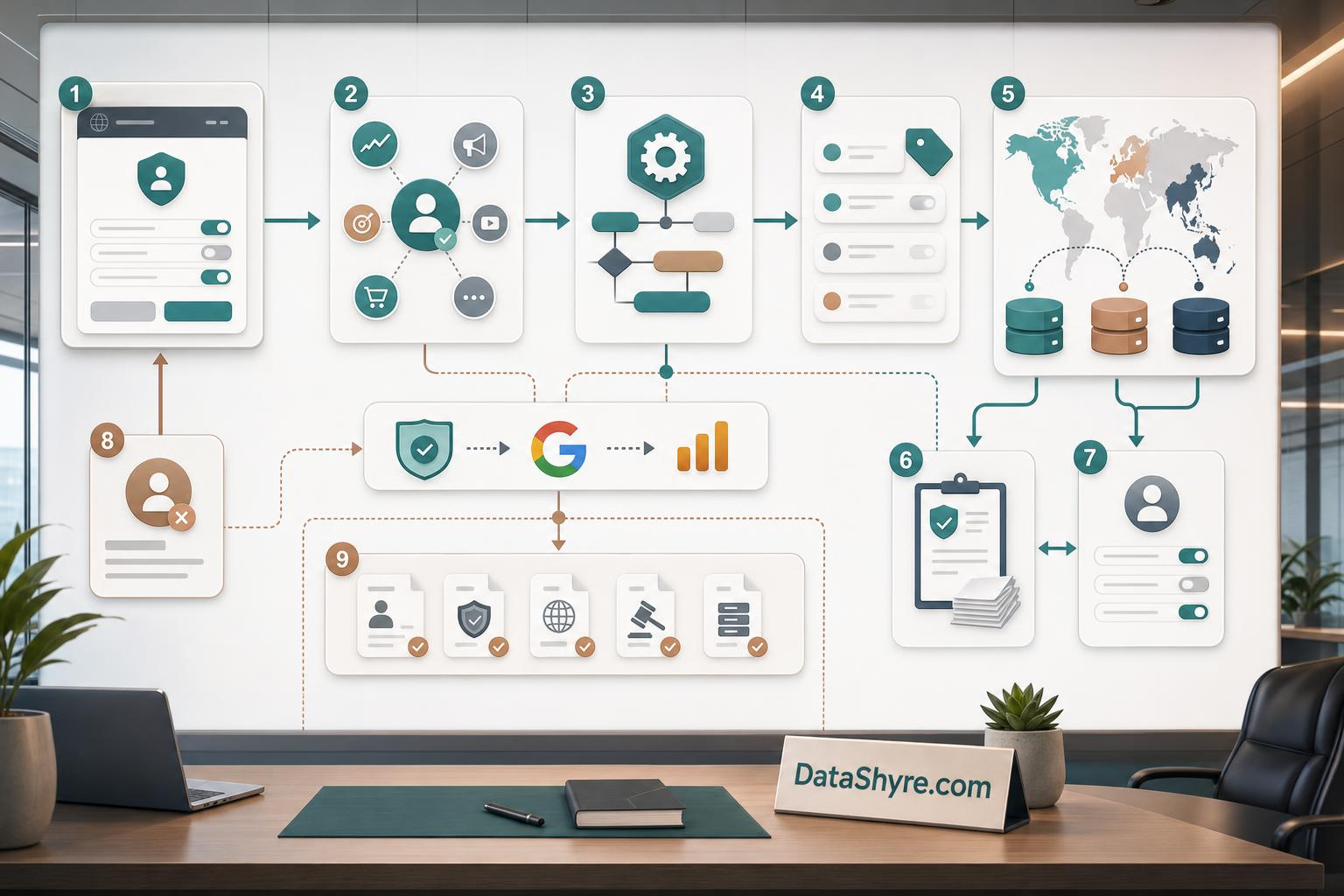 Workflow illustration showing visitor choice flowing through regional rules, category mapping, Google consent signals, withdrawal controls, and audit logs with subtle visible branding text DataShyre.com