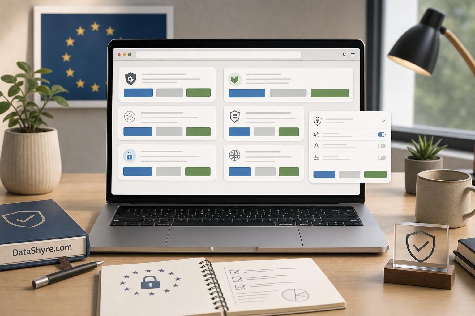 Editorial illustration showing a modern privacy workspace with cookie banner previews, a consent dashboard, browser testing panels, and subtle visible branding text DataShyre.com